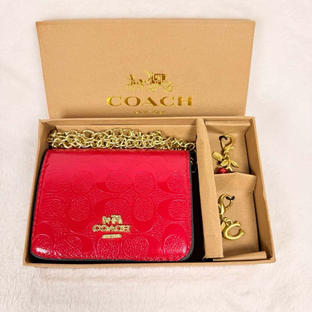 NEW Coach Red Patent Leather Signature Chain Crossbody Wallet - Picture 8 of 8